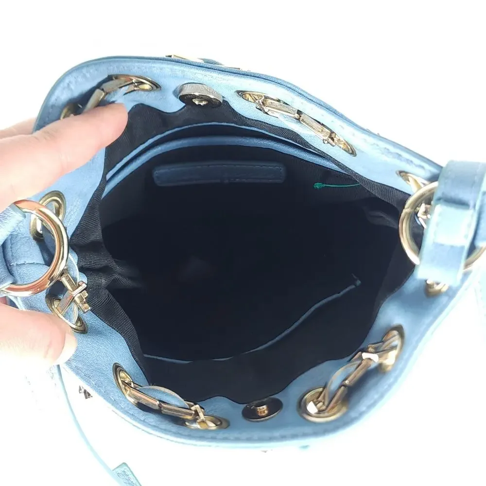 Free People Blue Faux Leather Gold Chain Drawstring Mini Bucket Bag Crossbody
